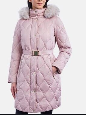 MICHAEL Michael Kors Blush Quilted Belted Puffer Coat with Faux Fur Hood